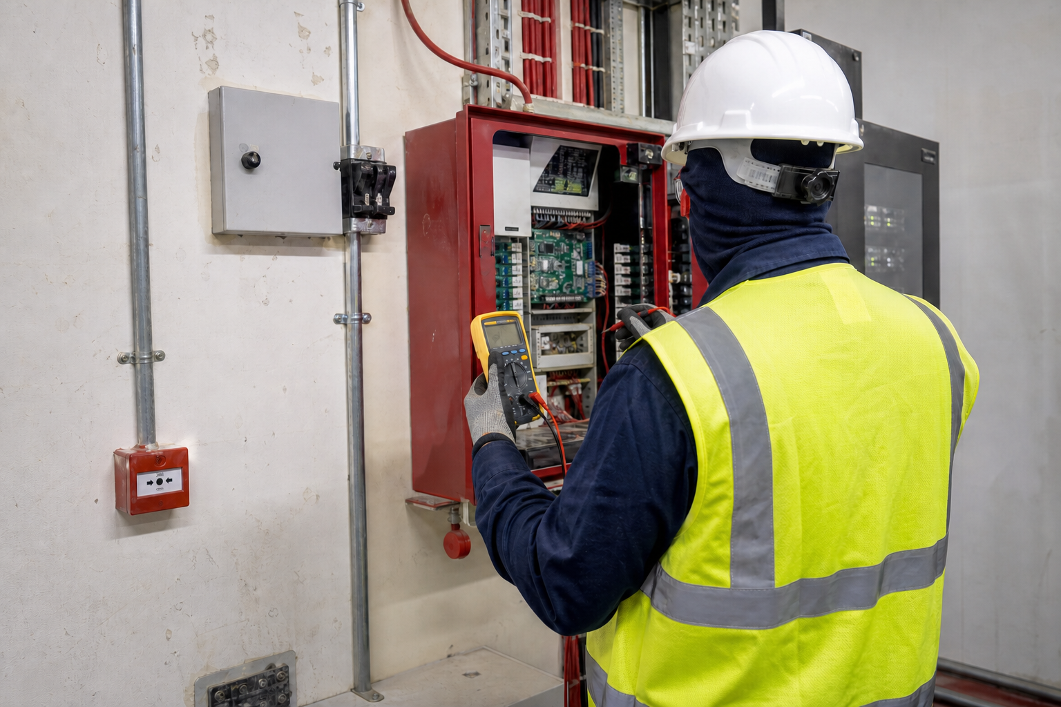 Technician testing an existing fire alarm control panel