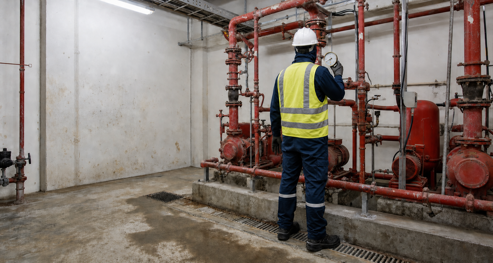 Wiqana fire-safety engineer inspecting an operating fire pump room